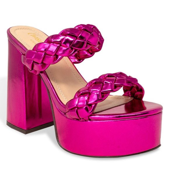 Women’s Chunky Block Heeled Platform Sandals with Two Braided Straps - Picture 2 of 4